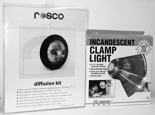 Rosco’s Diffusion Kit and Incandescent Clamp Light—the finest in guerilla lighting.