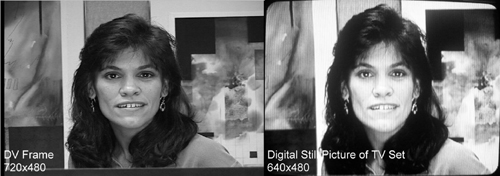 The original DV frame shown on the computer screen left; the same shot squeezed by a television on the right.