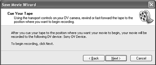 Typically, writing to DV tape is simple; here’s the one-step Wizard from Movie Maker 2.