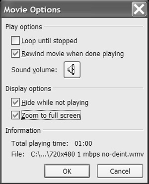 Movie Options for videos inserted using the Insert Movie option.
