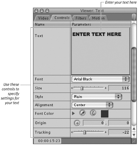 A text generator on the Viewer’s Controls tab. The Controls tab contains the tools you need to adjust the settings for a generator effect. The Filters tab and the Motion tab each perform this function too, but for different classes of effects.