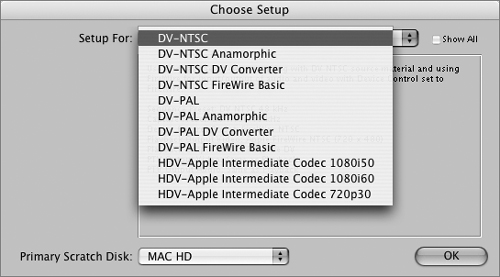 In the Choose Setup dialog box, pick the Easy Setup that matches your system’s video format and hardware.