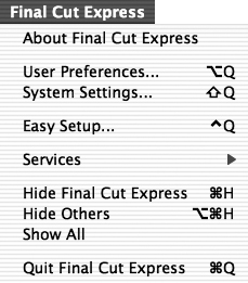 Access preference settings from three Final Cut Express menu choices: Easy Setup, User Preferences, and System Settings.
