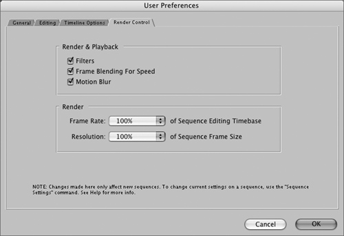 The Render Control tab of the User Preferences window.