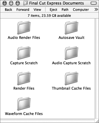The Final Cut Express Documents folder contains a subfolder for each type of media file that your project will generate.