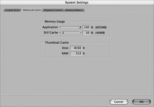 The Memory & Cache tab of the System Settings window.