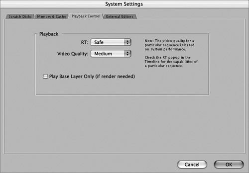 The Playback Control tab of the System Settings window.