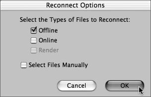 In the Reconnect Options window, check the box for each type of file you want to reconnect; then click OK.