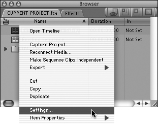 Control-click the sequence icon; then choose Settings from the shortcut menu.