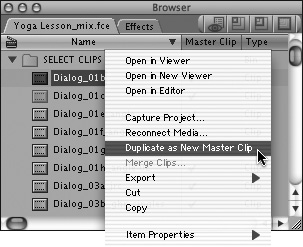 Control-click the Browser clip and then choose Duplicate as New Master Clip from the clip’s shortcut menu.