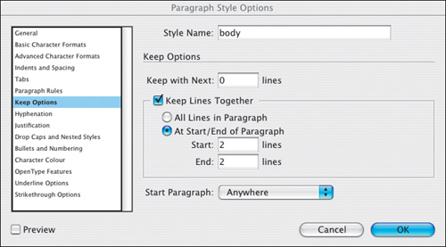 The Keep Options section of the Paragraph Style Options dialog.