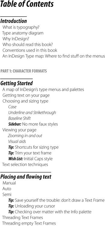 A table of contents using indents.