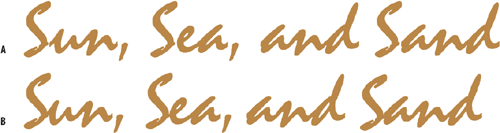 A script typeface without manual kerning (example A) and with manual kerning (example B).