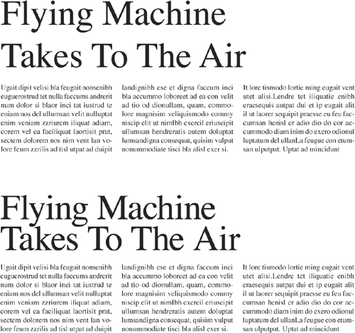Auto Leading applied to a headline (A). While Auto Leading works adequately for the body text, in the headline it is disproportionately large (B).