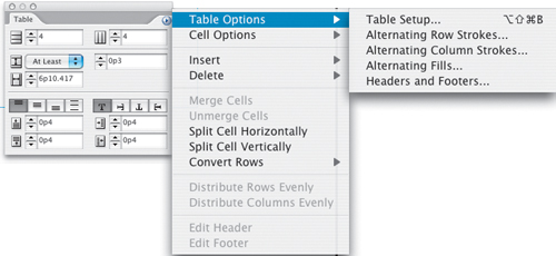 The Table palette (Window > Type & Tables > Table).