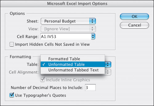 Table Import Options.