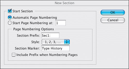 To change settings for a section, select the page that uses the section marker and choose Numbering & Section Options in the Pages palette fly-out menu.