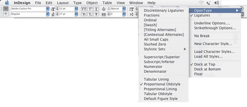 The OpenType menu. Features not supported in the current font appear in square brackets, such as [Swash].