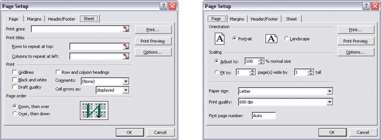 The Windows and Mac OS look-and-feels help to implement a visual framework, since colors, fonts, and controls are fairly standard. But you need to add the higher-level structure, like the layout grid and language. These Excel screenshots both come from the same dialog box—Page Setup—and they illustrate the concept well. All these characteristics are consistent from page to page: location of action buttons in the upper and lower right; margin size, indenting, and vertical distance between text fields; extension of text fields to the right edge; the use of labeled separators (such as “Print titles” and “Orientation”) to delimit Titled Sections; and capitalization and grammar.