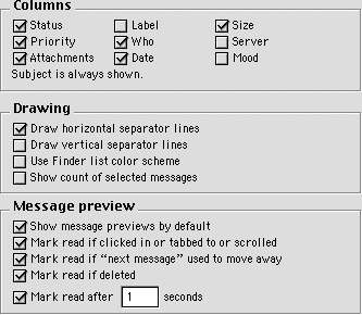 Typical usage of Titled Sections in desktop applications. In Eudora’s preferences dialog, the boxes look good around the grids of checkboxes, the bold titles stand out clearly, and there is sufficient whitespace between the sections to give them visual “breathing room.” (In fact, this example would work even if the boxes were erased.)