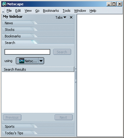 Netscape imposes different physical constraints. The “tab” buttons in this sidebar are stacked vertically, and they move from top to bottom as the user clicks them, so now the selected page always has its button directly above it. This is an interesting solution for a constrained, vertically oriented space. (It originally was seen in early versions of Visio.)
