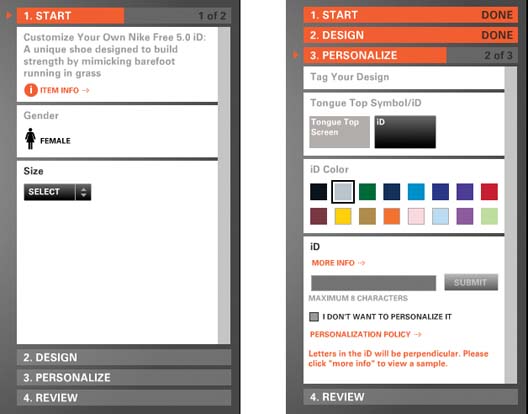Here’s another implementation of a vertical Card Stack, one that doesn’t even pretend to use tabs. This Nike web application has you click on the orange horizontal bars to show one pane at a time.