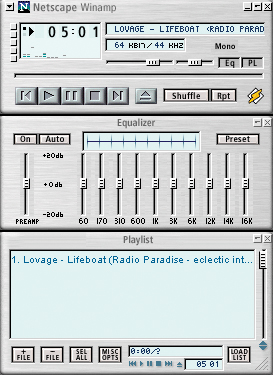 The three pieces that make up Winamp can be hidden, shown, rearranged, even separated completely from each other and moved independently. The user can move a piece by dragging its titlebar; that titlebar also has Minimize and Hide buttons. You can bring back hidden pieces via pop up menu items. In this screenshot, you can see Winamp’s default configuration.