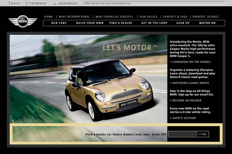 Likewise with heavily graphic UIs. The focal points in the site shown here are the logo, the moving car, the “Let’s Motor” tag line, and the dealer-locator text field at bottom right—all in a diagonal line (approximately). The motion of the photograph pushes the eye down and right even more forcefully than the other examples. Undoubtedly, the designers of the site wanted to encourage people to use the text field. If it were at the bottom left instead, the page would lose much of its punch, and the text field might get lost in the page. See .