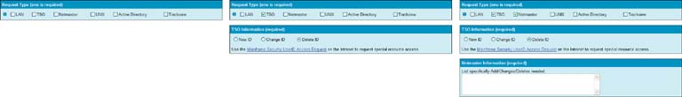 This example comes from an internal application at Northwestern Mutual. The user first selects “TSO” for Request Type; the application then shows a new box, asking for TSO Information. When the user then selects “Delete ID,” a third box appears. The history of this user’s choices remains visible on the page.