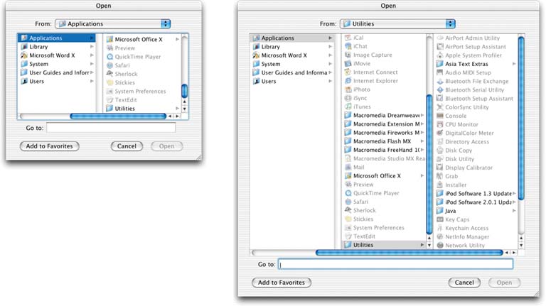 Mac OS X allows you to resize the standard “Open” dialog box, which uses a liquid layout. This is good because users can see as much of the filesystem hierarchy as they want, rather than being constrained to a tiny predetermined space. (The Cascading Lists pattern is in this dialog box, too.)