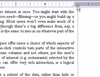 Word’s guides are created automatically. They control the locations of margins and indentations, and when they’re moved, they change the way that text fills the page. A Word guide isn’t visible until the user drags its affordance along the top ruler.
