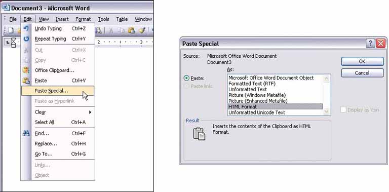 Word’s paste variations are so complex that they need to appear in a separate dialog box. Word’s Edit menu displays two paste items: Paste, which is the default (and performed by Control-V), and Paste Special, which brings up the dialog box. For the items currently on the clipboard—text with some bold words in it—Word lists no fewer than seven destination formats! But as the user tentatively selects each format in that list, she can see a short description of the result. (In the case shown here, the description isn’t actually all that helpful, but it could be.) Interestingly, the dialog box also shows the source of the clipboard items.