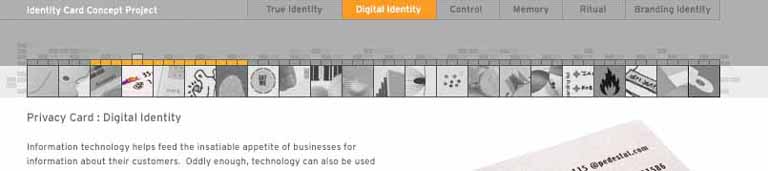 IDEO’s special identity-card web feature uses hairlines as a major design element, as does the NIH site at the top of the pattern. Notice that hairlines demarcate the title, the major navigation links (“Digital Identity”), the minor links (the square icons), and the decorative bricks. The design uses a horizontal hairline texture again behind the major links. These hairlines harmonize nicely with the small sans-serif font. See .