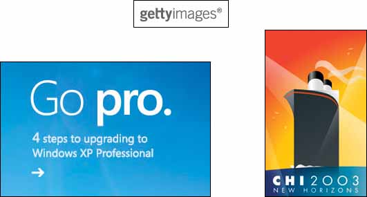 Several more arbitrary examples of emphasis and separation: the Getty Images logo, a tagline from , and the CHI 2003 logo.