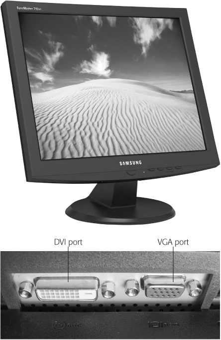 Top: With their sleek look, small footprint, and vivid displays, LCD monitors like this one have pretty much pushed CRT monitors out of the marketplace.Bottom: Like many new LCD monitors, this one comes with two ports, letting it connect to a wider range of PCs. The monitor’s DVI port (left) lets the monitor plug into the digital cards found on newer PCs and video cards. Next to it, an old-style VGA port (right) lets the monitor plug into the VGA ports found on nearly every PC, especially older ones.