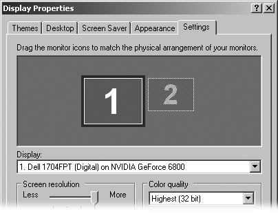 To see if your PC or laptop supports more than one monitor, choose Start → Control Panel → Display → Settings tab. If you spot two numbered monitors, like the ones in this figure, your PC supports a second monitor, letting you double your desktop’s size (or watch movies at work, on slow days).