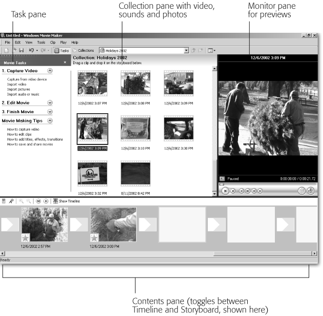 Movie Maker lets you work in three separate areas: the Collection area, the Storyboard, and the Preview window. All your imported clips, songs, and photos live in the Collection area. Weed out any awful clips from the Collection area by right-clicking them and choosing Delete. To view or hear a particular clip in the Collection area, double-click it; the Preview window to the right immediately begins playing it. In addition to the Preview window’s standard Stop and Play controls, the Next Frame and Previous Frame buttons let you find the best moment to start and stop each clip. When you familiarize yourself with the content in each of your clips, drag them onto the large squares in the Storyboard area, piecing them together into a movie. Rearrange clips on the Storyboard by dragging them to different spots as needed.