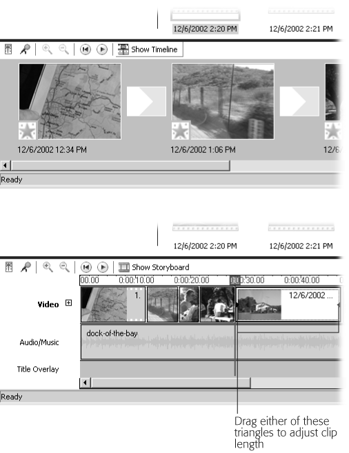 Top: The film strip along Movie Maker’s bottom edge toggles between two views, each designed for different work. The Storyboard view shows each clip as a single frame, which is handy when placing your clips into the correct playback sequence. To change where a clip appears in your movie, drag it to a different location on the strip.Bottom: The Timeline view shows your clips by their length, so you immediately see when one long clip needs trimming to keep the pacing even. Shorten a clip by clicking it, and then drag inward or outward on the little black triangle poking from each edge. Below the filmstrip lies your Audio/Music layer, waiting for you to add a soundtrack with a quick drop of an MP3 file.
