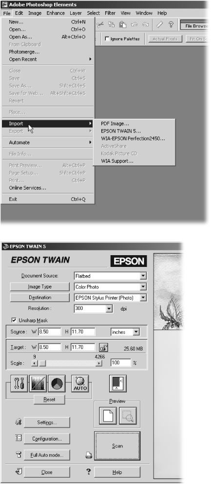 Top: The menus in popular graphics programs like Paint Shop Pro, CorelDraw, and Adobe Photoshop Elements (seen here) let you control your scanner directly in different ways. The Photoshop Elements menu here, for instance, lets you import the attached scanner’s images using either TWAIN or WIA (Windows’ built-in “wizard”).Bottom: Choosing TWAIN from the Photoshop Elements menu brings up this window, which lets you tweak your scan’s color, size, and exposure settings, much like a digital camera’s manual controls. If you spot TWAIN listed on your graphics software’s menus, select it for a few test scans; you may prefer its controls over Windows XP’s built-in scanner wizard.