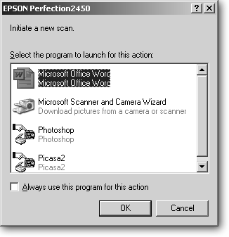Turn on your scanner, and Windows XP lists all the software on your PC capable of handling scans. Choose the Scanner and Camera Wizard for creating quick scans and saving them as files on your hard drive. If you select a graphics program like Photoshop, the wizard routes the scan into the software, letting you touch it up before saving it. That saves time when scanning old photographs, for instance, where you may need to repair tears and scratches.