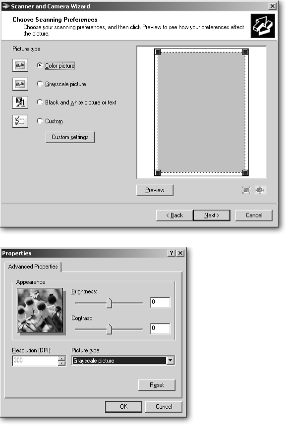 Top: Although the first three preset options sound tempting, they’re too basic. For instance, choosing “Color picture” makes the scan too large to email, but too small to reprint later. For better results, choose the setting called Custom.Bottom: When you click Custom, this Properties box lets you choose a resolution suitable for whatever you intend to do with your scanned image. The Resolution’s menu lists all the resolutions your scanner can handle, usually 50 to 2400 dpi or more, but you rarely want anything more than 300. As a general rule of thumb, choose 75 dpi for items you’re going to email, 150 when using your scanner as a copy machine, and 300 for photos you want to print out. Select the “Picture type” to match what you’re scanning, and leave the Brightness and Contrast controls set to 0; you can adjust these settings much more effectively using imageediting software like Photoshop Elements. If you don’t have an image-editing program, the best thing to do is play with these controls using the trial and error method; your changes aren’t fixed until you click OK.