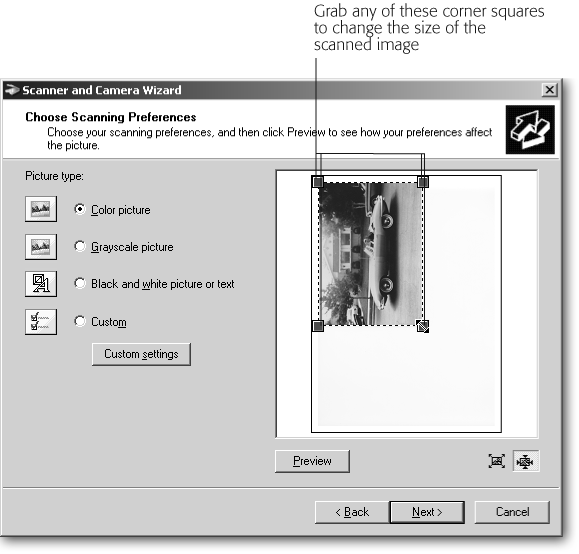 When you click the Preview button, the scanner locates where you placed your item on the scanner’s bed. The dotted outline indicates movable borders. The wizard generally identifies the perimeter of your item fairly accurately, but often leaves out the white border around printed photographs. If you want your scan to include the border, drag the corner squares out a bit. Similarly, when scanning a page to fax, the wizard sometimes lassos only the outlines of the text. To scan the entire page, drag the corner squares out until they reach the page’s edge.