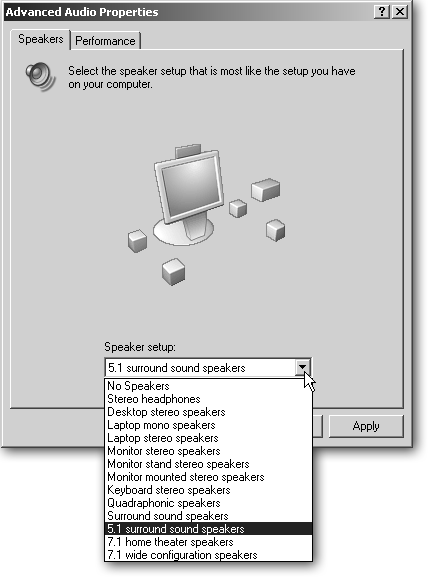 Windows XP handles a wide variety of speaker settings, from those built into a laptop to those resembling a home theater. As you switch between settings, Windows XP displays a handy picture showing where to position each speaker. Some sound cards come with their own speaker selection programs that work much like the one shown here in Windows XP. If you select a speaker setup in your sound card’s bundled program, avoid potential problems by making sure that the program automatically updated Windows XP’s settings to match.