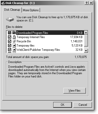 Although Windows XP refers to it as one program, Disk Cleanup actually brings together a suite of tools for freeing up space on your hard drive. With a few clicks, it lets you quickly empty the Recycle Bin, delete unused programs, and remove parts of Windows XP you never use. Depending on your hard drive’s size, Disk Cleanup can free up anywhere from a few megabytes to several gigabytes of space.