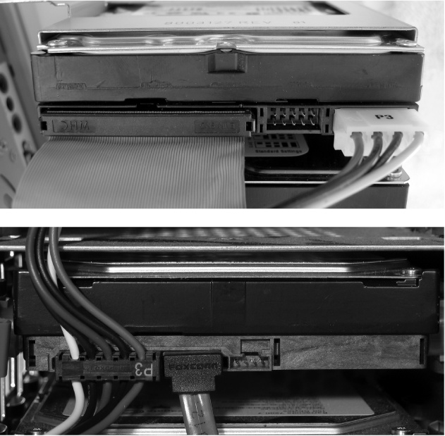 Top: The thick, 2-inch ribbon cable on this hard drive gives it away as an IDE/ATA drive—by far the most common interface found in PCs for the past 20 years. The four-wire cable to the drive’s right supplies electricity from the PC’s power supply.Bottom: The thinner cable on this drive identifies it as an S-ATA drive. S-ATA drives began appearing on more expensive PCs around 2003. The four-wire cable to the drive’s left supplies electricity from the power supply.