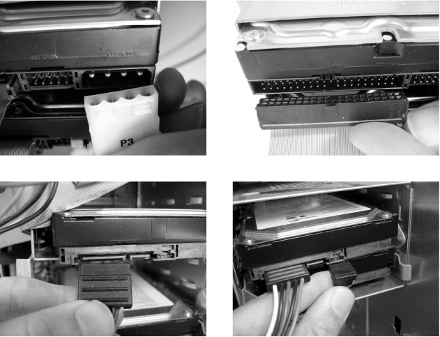 Top left: The ATA drive’s power cable connector, known as a “Molex” connector, requires quite a bit of force to push into the drive’s four-pin connector.Top right: The ATA drive’s wide ribbon cable fits into the drive’s connector one way; make sure the little notch on the cable’s connector meshes with the little groove on the drive’s connector.Bottom left: The S-ATA drive’s power connector is the larger of the two cables.Bottom right: The S-ATA drive’s small motherboard cable pushes onto the drive’s small connector.