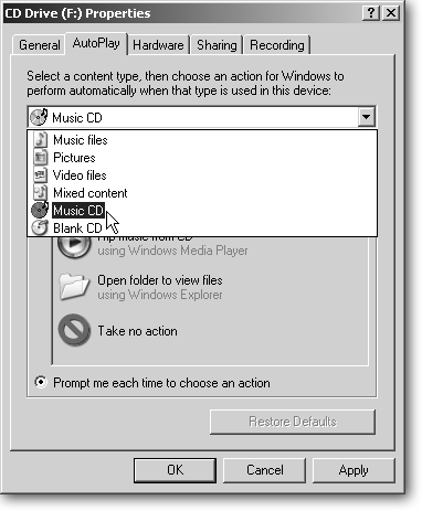 AutoPlay determines how Windows XP responds when you insert a CD, or any other type of storage device (a DVD, memory card, or USB drive). If AutoPlay is launching the wrong program, feel free to change it. Run down the list of file types, and select the action Windows XP should take for each one. Or, to avoid picking up CD-based viruses, choose “Take no action” for each file type. That lets you open the CD or other device manually and choose which program to run every time you insert a CD.