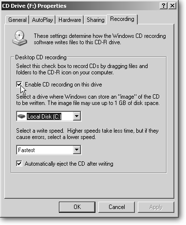 A Recording tab on the Properties box means Windows XP recognizes the drive as a CD burner. Note the checkbox marked, “Enable CD recording on this drive.” If your PC has two CD burners (or a CD burner and a DVD burner), turn on that checkbox for your fastest drive and use that drive for burning CDs. Oddly enough, Windows XP’s built-in burning tools let you designate only one drive as the burner. (Most third-party burning programs ignore this setting, letting you burn to the drive you choose.)
