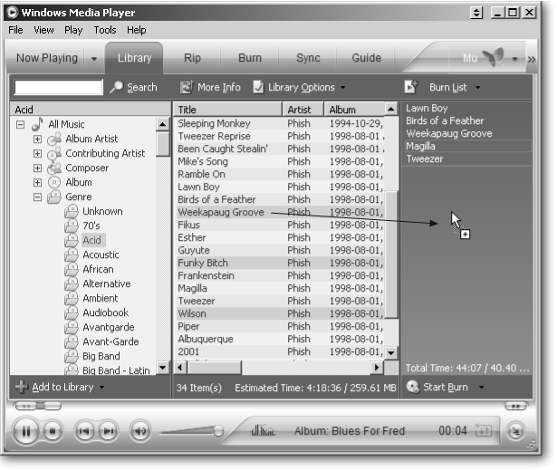 To burn songs onto a music CD, start by choosing a category from your Library, shown in the left pane; that category’s songs show up in the middle pane. When you spot songs you want to burn to the CD, drag them to the Burn List on the right pane. The higher a file’s bit rate number, the better it sounds when burned to a CD. (To see any song’s bit rate, right-click its name in Media Player’s Library and choose Properties.) For best results, try to burn songs with a bit rate of 256 Kbps or higher.