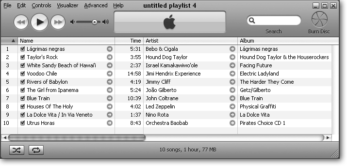 An untitled playlist in iTunes. If you drag more tunes onto your playlist window than will fit onto a CD, iTunes burns only as many as will fit. When the CD fills up, iTunes ejects it and asks you to insert another blank CD to fill with the rest. Remember that you can burn only seven CDs from a particular playlist. After seven, you must either recreate that playlist from scratch, or alter it by switching the song’s order or adding/deleting songs. It’s an inconvenience, but it keeps the record companies happy.
